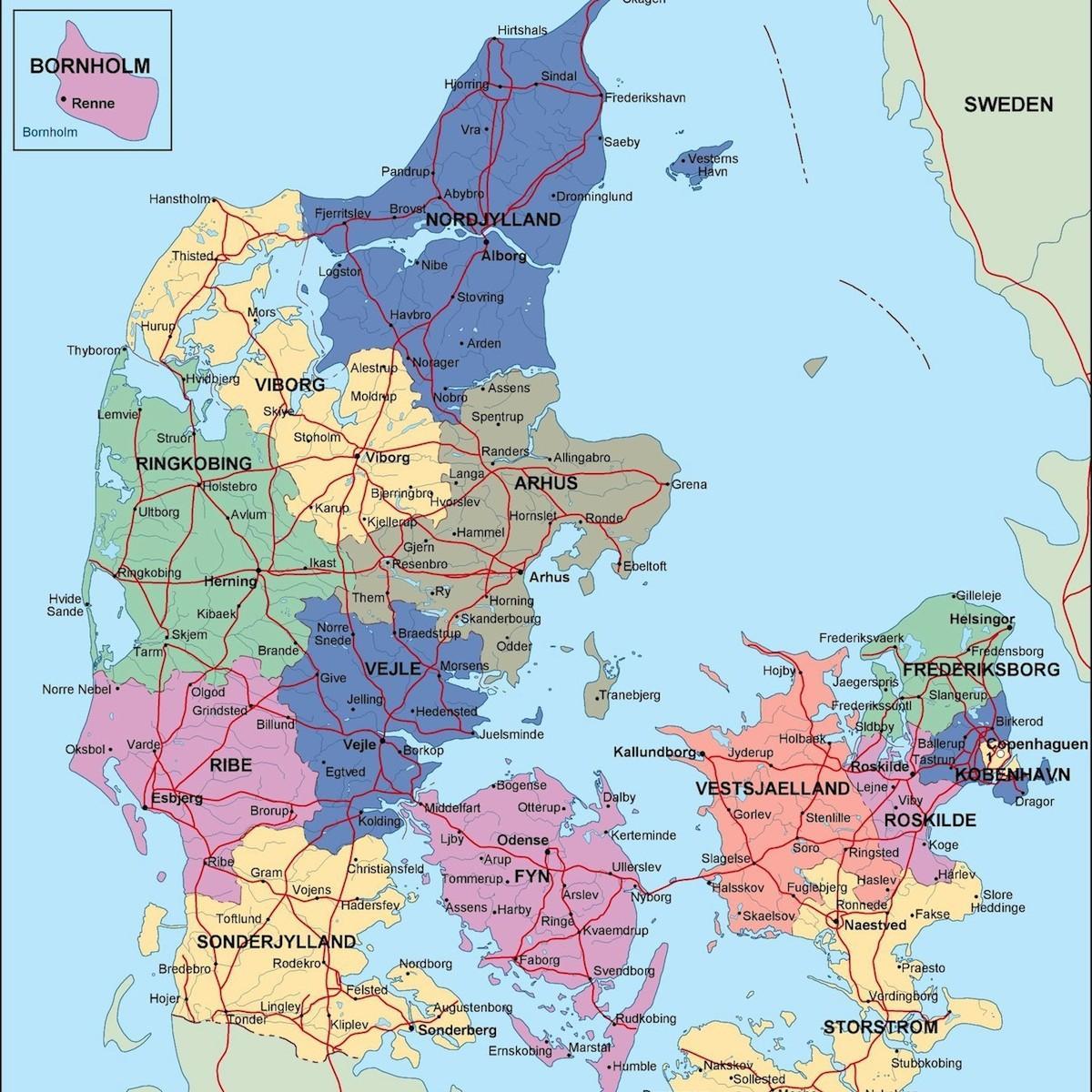 מפה של דנמרק פוליטי. 